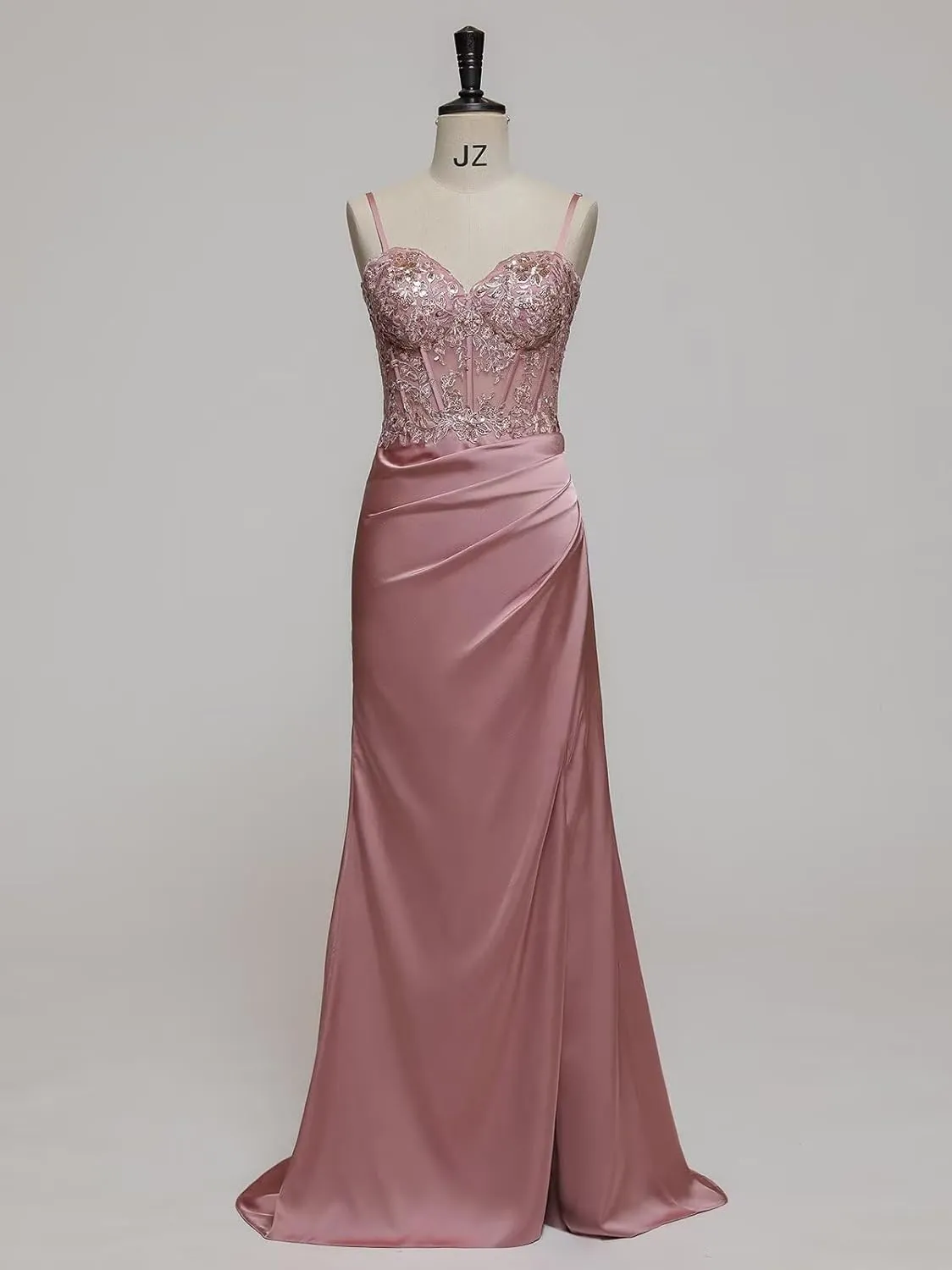 Satin Mermaid Corset Prom Dresses Long Lace Applique Bodycon Formal Evening Gown with Slit