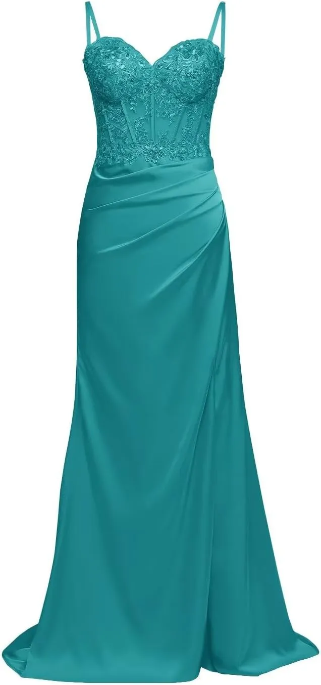 Satin Mermaid Corset Prom Dresses Long Lace Applique Bodycon Formal Evening Gown with Slit