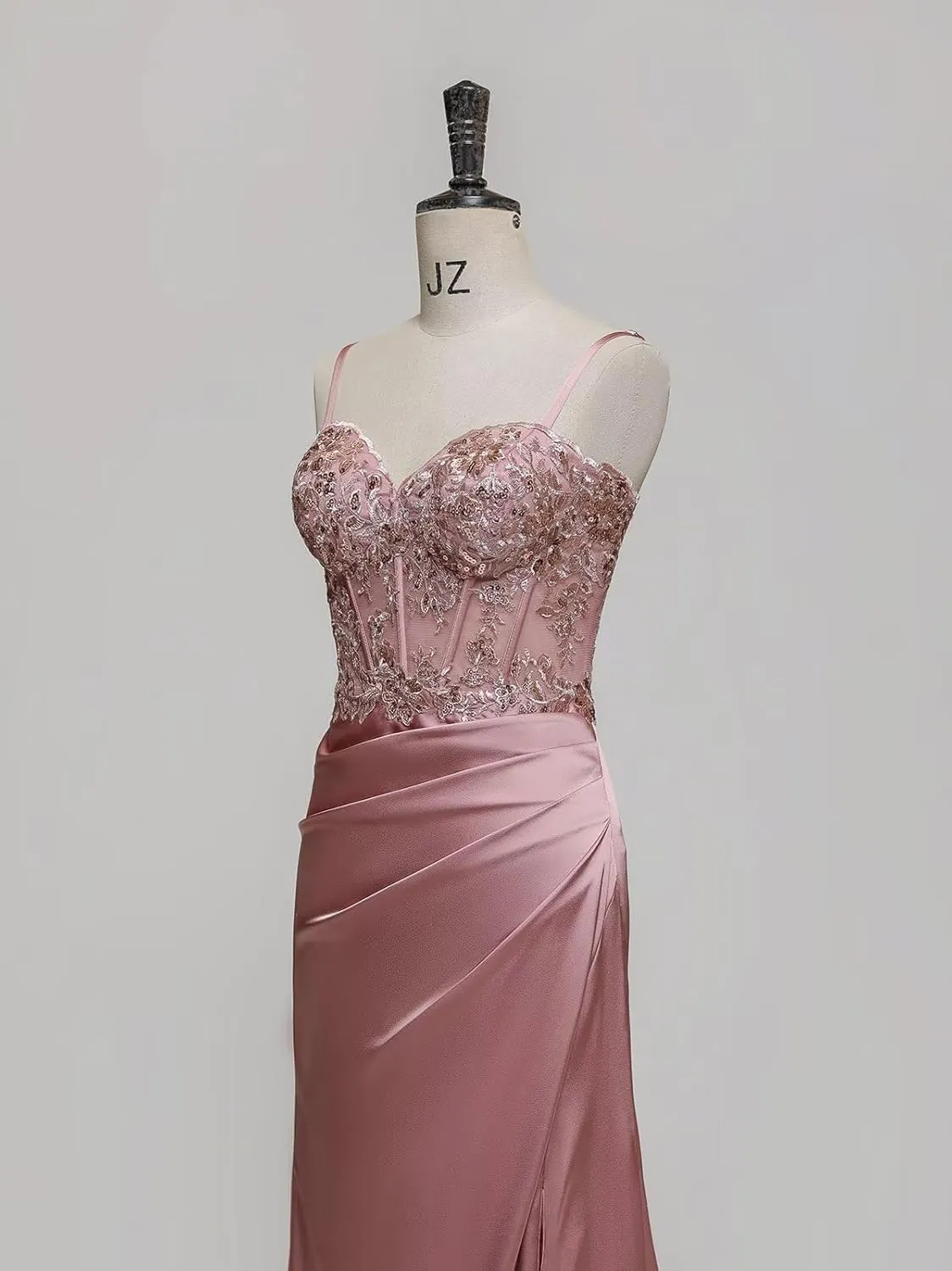 Satin Mermaid Corset Prom Dresses Long Lace Applique Bodycon Formal Evening Gown with Slit