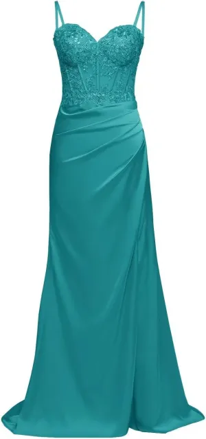 Satin Mermaid Corset Prom Dresses Long Lace Applique Bodycon Formal Evening Gown with Slit