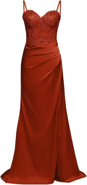 Satin Mermaid Corset Prom Dresses Long Lace Applique Bodycon Formal Evening Gown with Slit