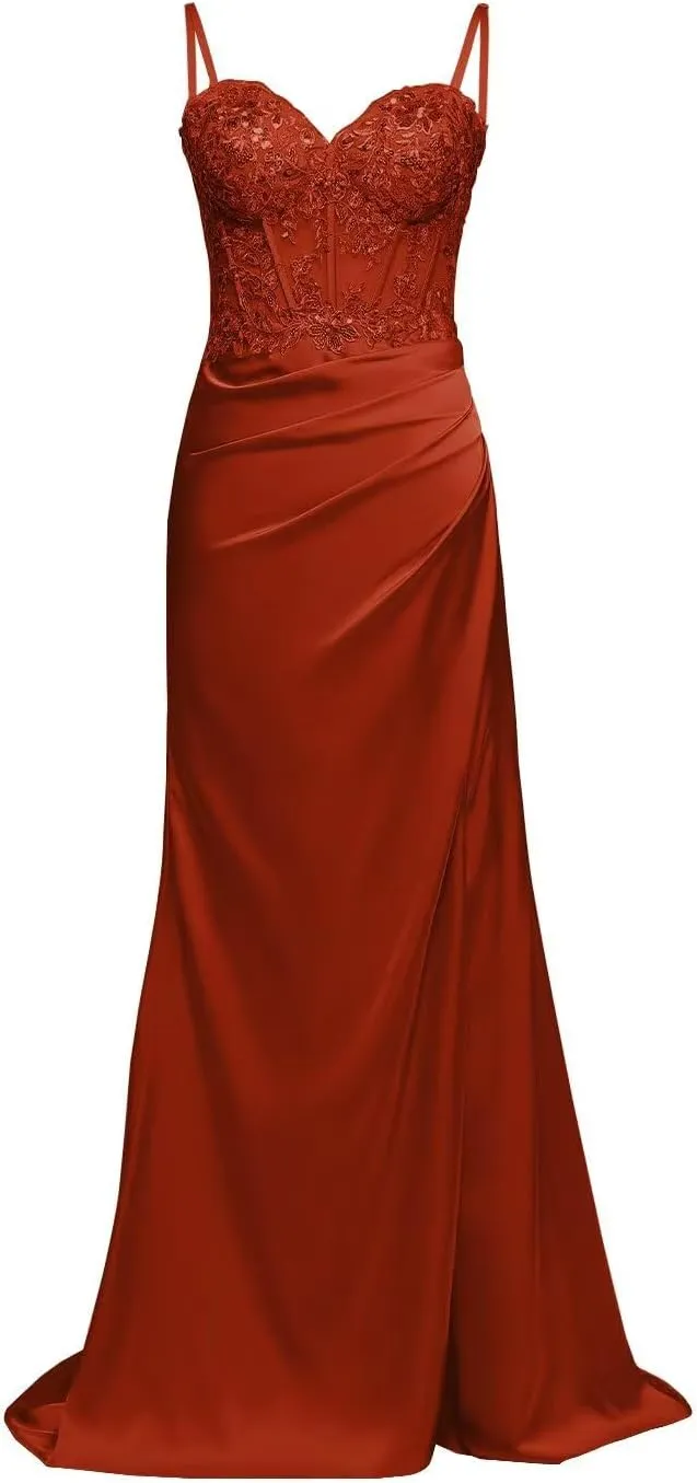 Satin Mermaid Corset Prom Dresses Long Lace Applique Bodycon Formal Evening Gown with Slit
