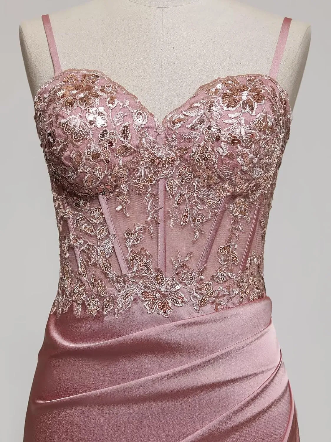 Satin Mermaid Corset Prom Dresses Long Lace Applique Bodycon Formal Evening Gown with Slit