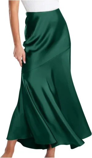 Satin Skirts for Women Trendy Elastic High Waisted Long Maxi Skirt Mermaid Hem Casual Formal Elegant Work Party Skirts
