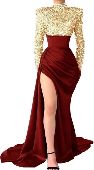 Sequin Mermaid Prom Dresses for Women 2025 Long Sleeve High Neck Satin Formal Evening Party Gowns with Slit 8322