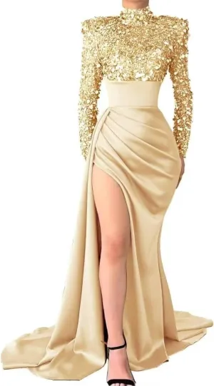 Sequin Mermaid Prom Dresses for Women 2025 Long Sleeve High Neck Satin Formal Evening Party Gowns with Slit 8322