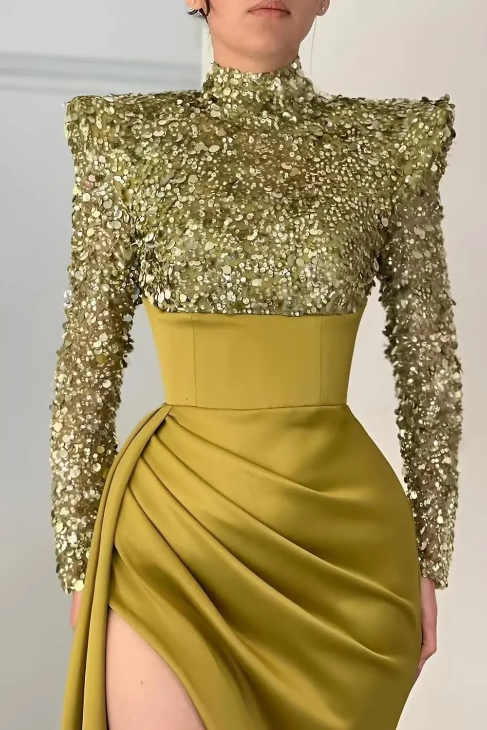Sequin Mermaid Prom Dresses for Women 2025 Long Sleeve High Neck Satin Formal Evening Party Gowns with Slit 8322