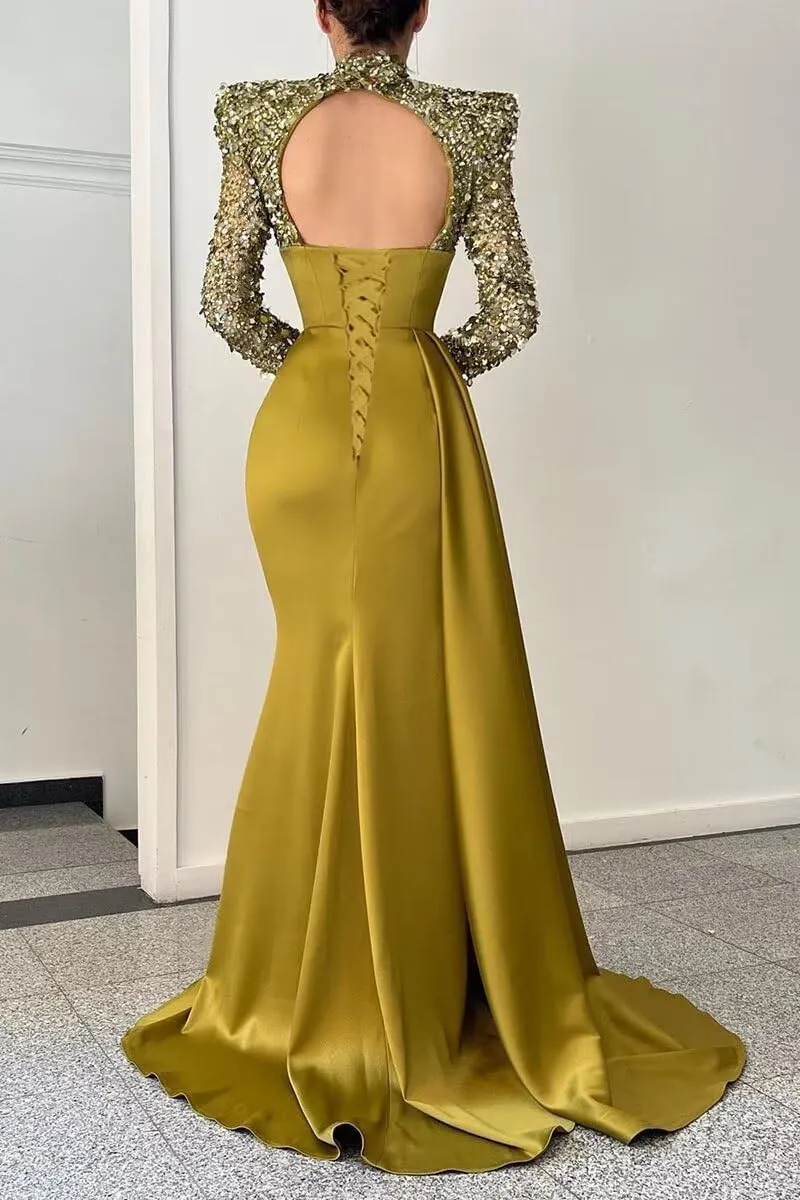 Sequin Mermaid Prom Dresses for Women 2025 Long Sleeve High Neck Satin Formal Evening Party Gowns with Slit 8322