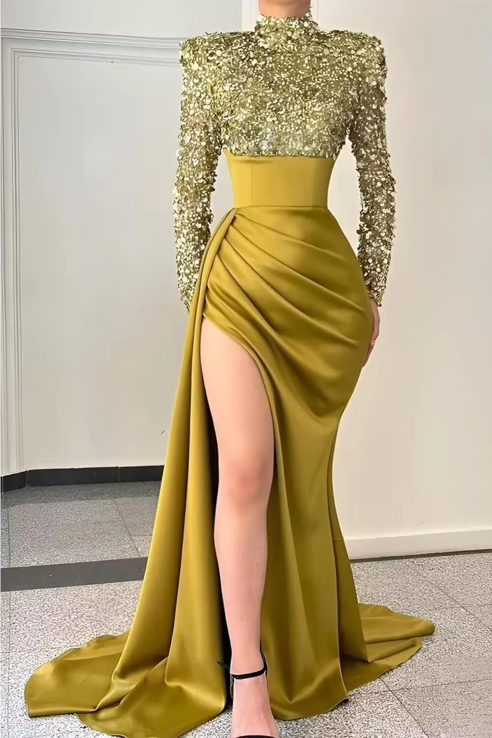 Sequin Mermaid Prom Dresses for Women 2025 Long Sleeve High Neck Satin Formal Evening Party Gowns with Slit 8322