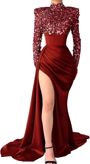 Sequin Mermaid Prom Dresses for Women 2025 Long Sleeve High Neck Satin Formal Evening Party Gowns with Slit 8322