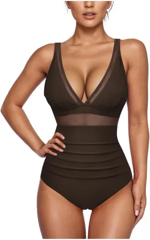 Sexy Mesh Swimwear for Women Trendy One Piece V Neck Tummy Control Swim Suit Summer 2025 High Waisted Bathing Suits