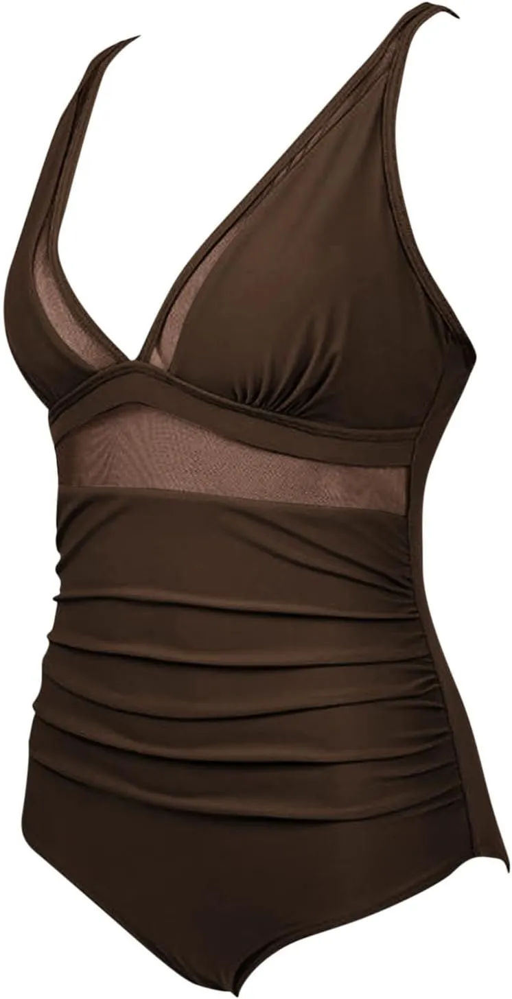Sexy Mesh Swimwear for Women Trendy One Piece V Neck Tummy Control Swim Suit Summer 2025 High Waisted Bathing Suits