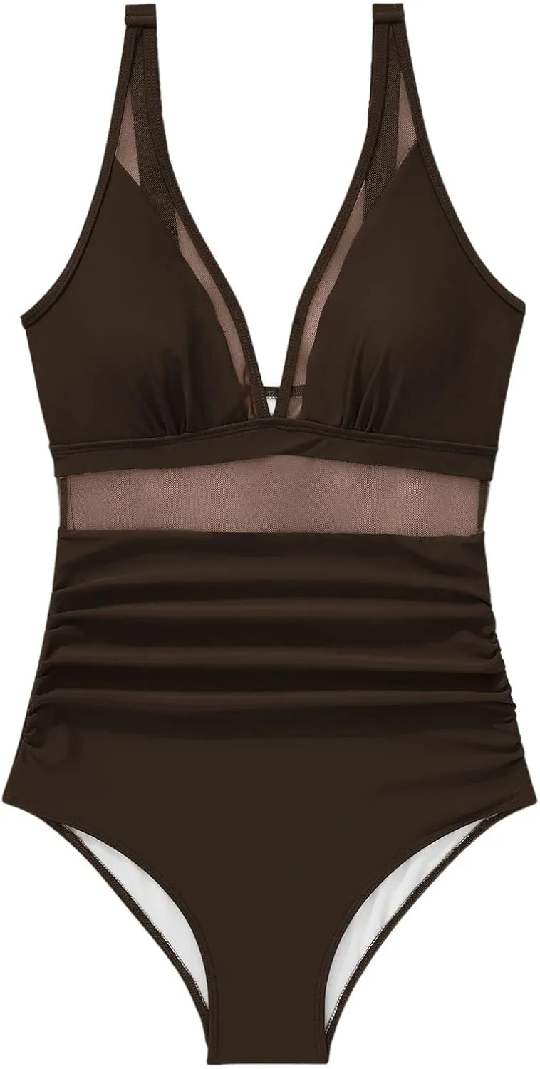 Sexy Mesh Swimwear for Women Trendy One Piece V Neck Tummy Control Swim Suit Summer 2025 High Waisted Bathing Suits