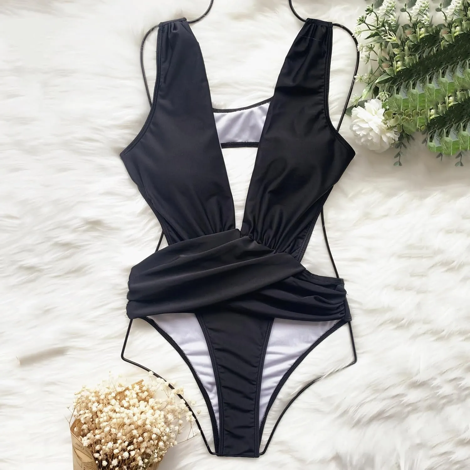 Sexy One Piece Swimsuit for Women Cutout Deep V Neck Ruched Backless Bathing Suits Solid Color Summer Beach Swimwear