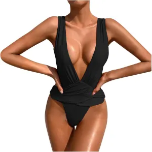 Sexy One Piece Swimsuit for Women Cutout Deep V Neck Ruched Backless Bathing Suits Solid Color Summer Beach Swimwear