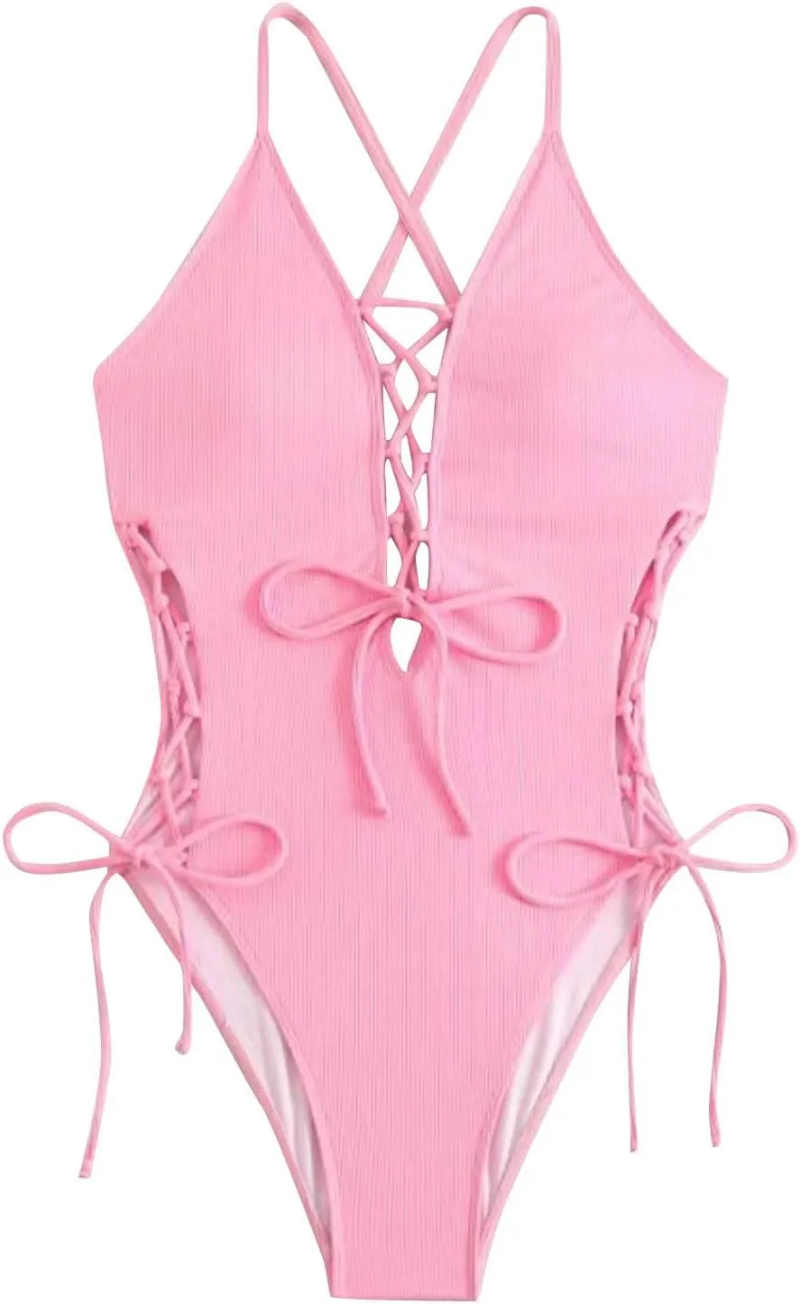 Sexy Swimsuits for Women Backless Adjustable Strap Tie Halter Bathing Suit One Piece Tummy Control Beach Swimsuit