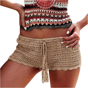 Short Shorts for Women Casual Knitted Crochet Comfort Elastic Waist Solid Color Hollow Out Summer Lounge Shorts Pants