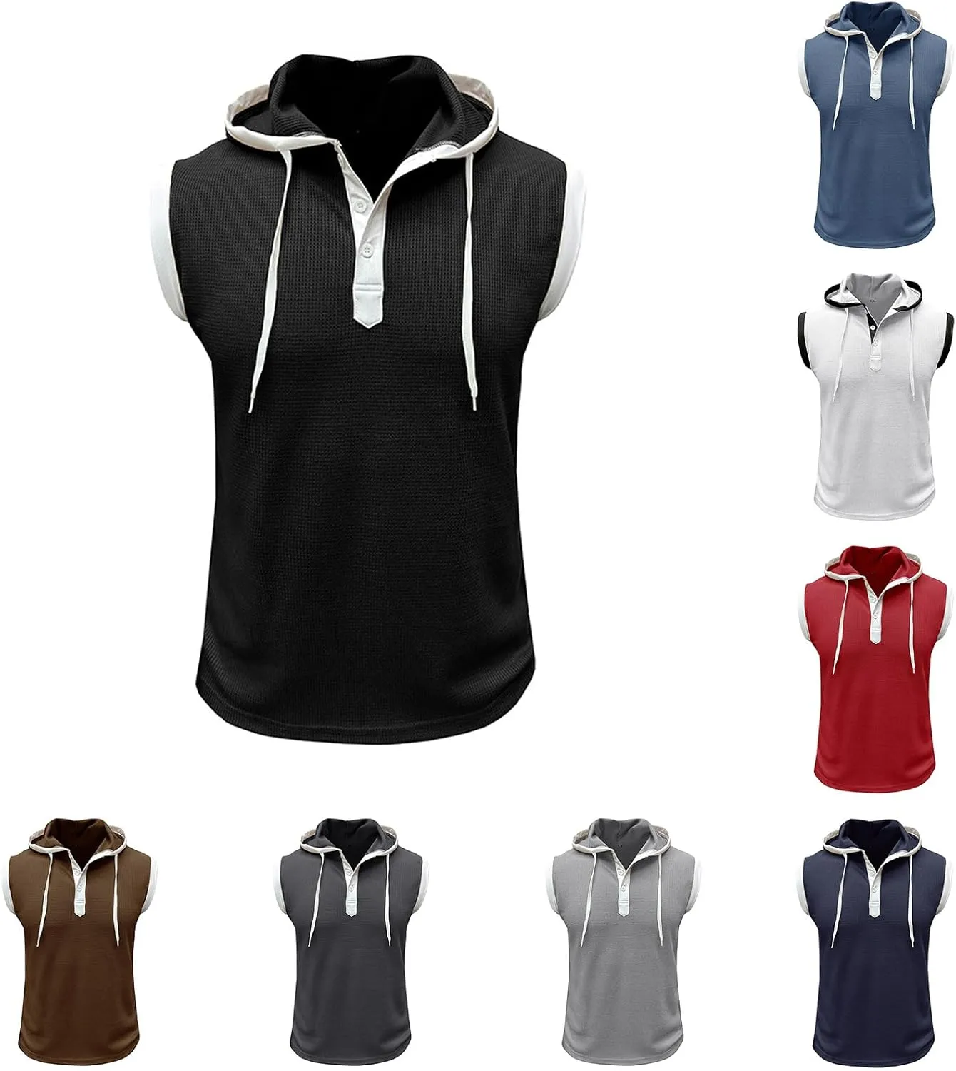 Sleeveless Hoodies for Men Gym Workout Muscle Fit T Shirts Waffle Knit Drawstring Pullover Tops Casual Training Hoodie
