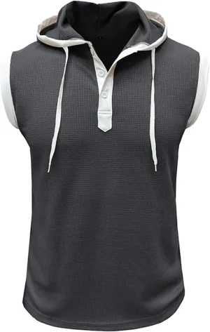 Sleeveless Hoodies for Men Gym Workout Muscle Fit T Shirts Waffle Knit Drawstring Pullover Tops Casual Training Hoodie