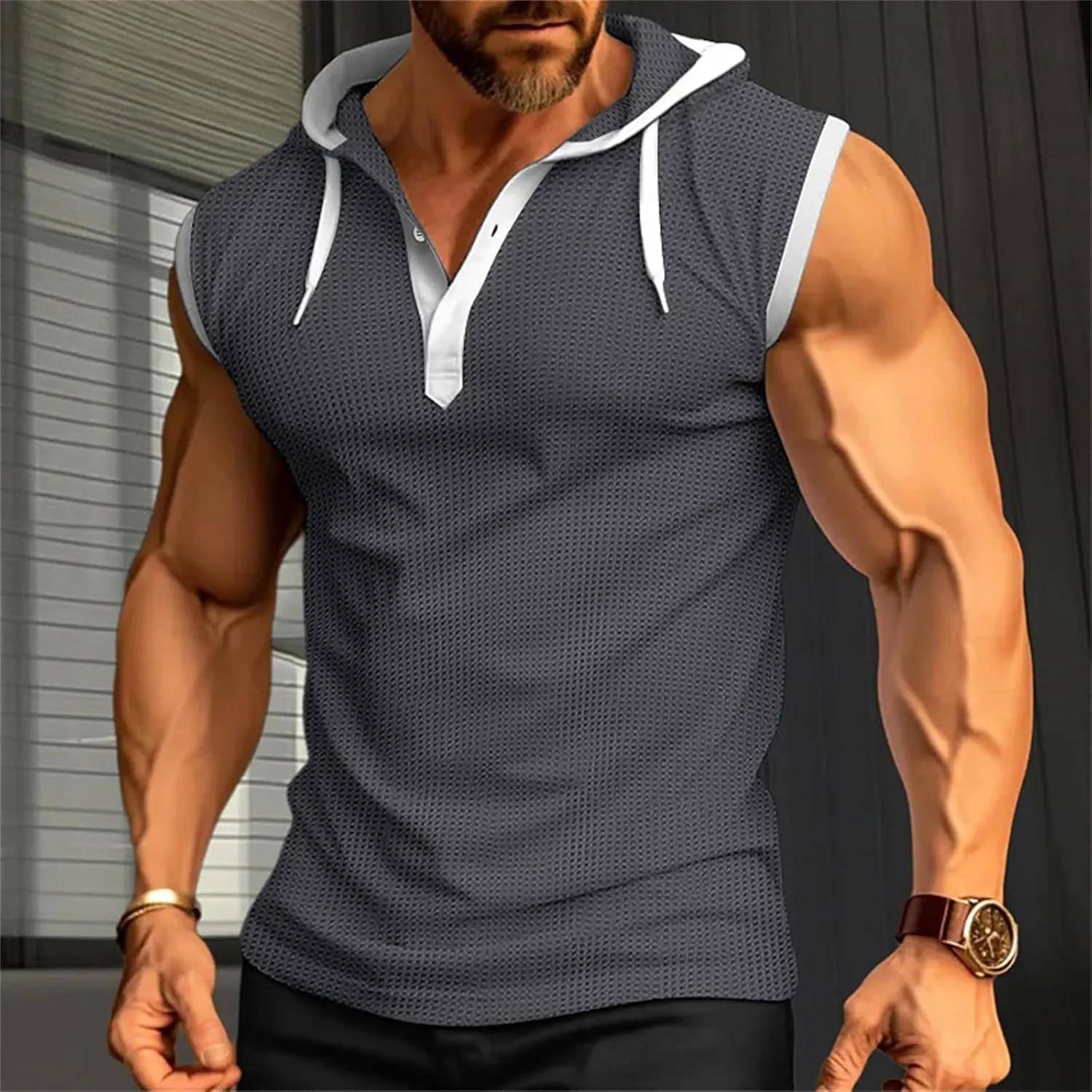 Sleeveless Hoodies for Men Gym Workout Muscle Fit T Shirts Waffle Knit Drawstring Pullover Tops Casual Training Hoodie