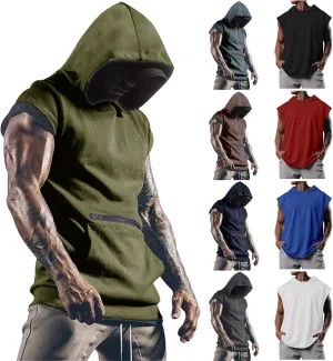Sleeveless Hoodies for Men Workout Hooded Tank Tops Bodybuilding Muscle Cut Off T Shirt Gym Training Hoodies Shirts