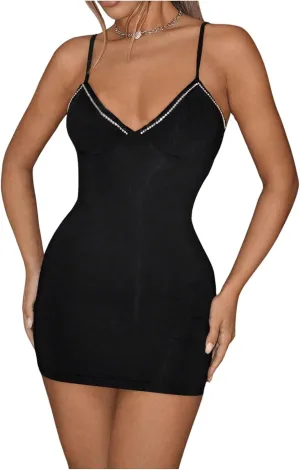 SOLY HUX Women's Rhinestone Cut Out Backless Dress Deep V Neck Bodycon Mini Evening Party Dresses