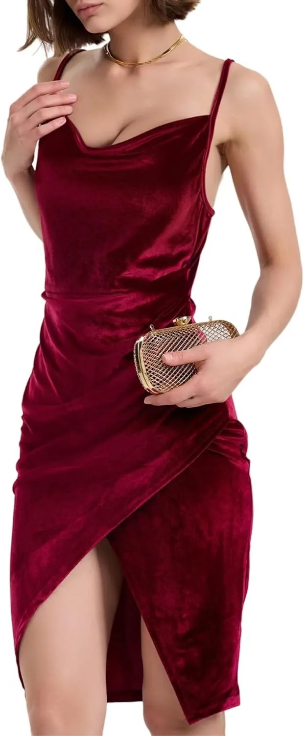 Spaghetti Strap Bodycon Ruched Wrap Velvet Dress Midi Christmas Cocktail Party Dress for Women