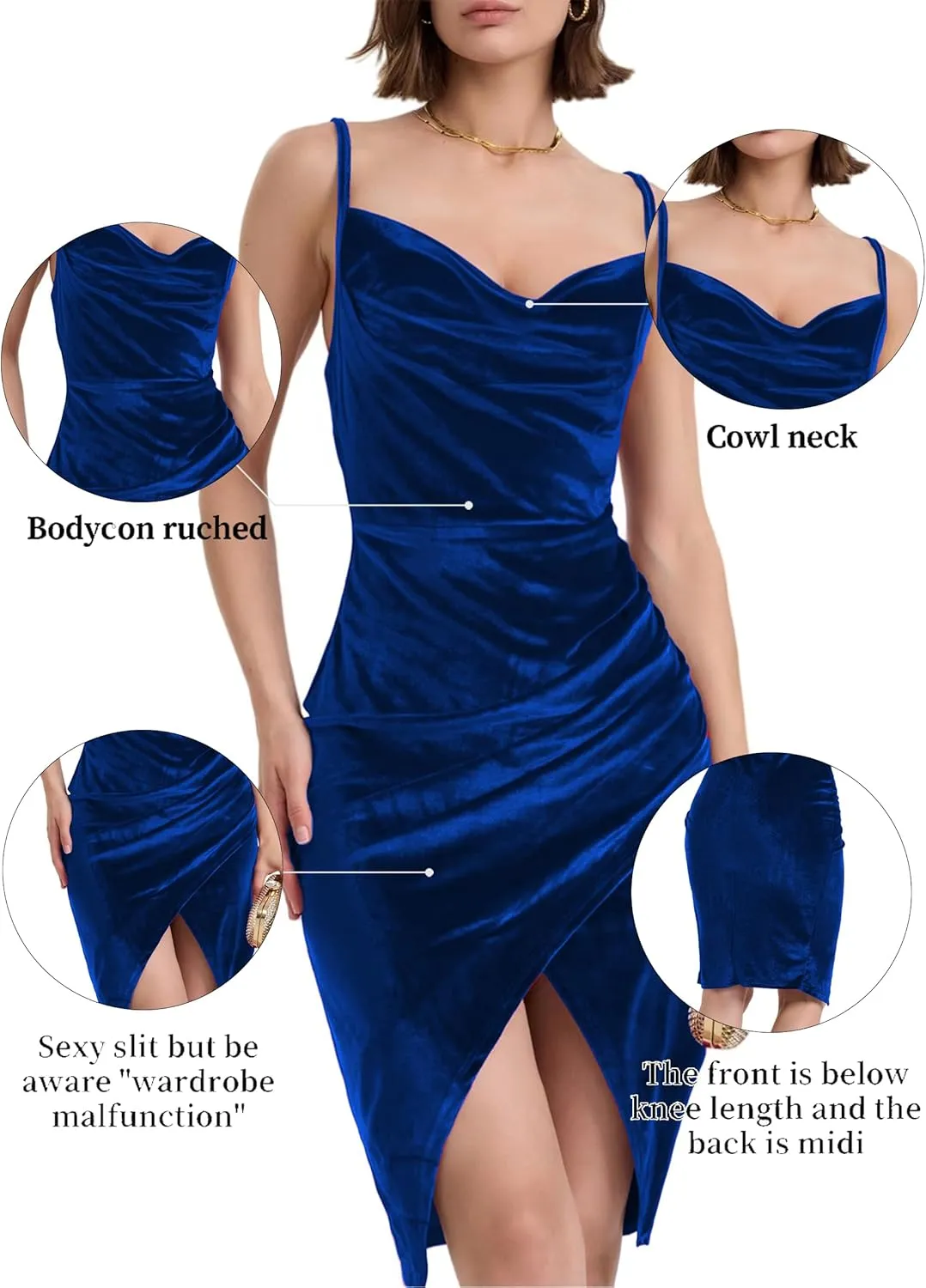 Spaghetti Strap Bodycon Ruched Wrap Velvet Dress Midi Christmas Cocktail Party Dress for Women