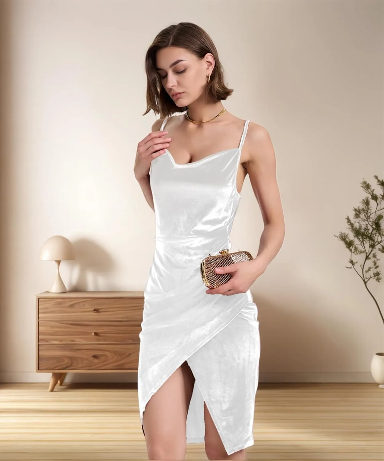 Spaghetti Strap Bodycon Ruched Wrap Velvet Dress Midi Christmas Cocktail Party Dress for Women