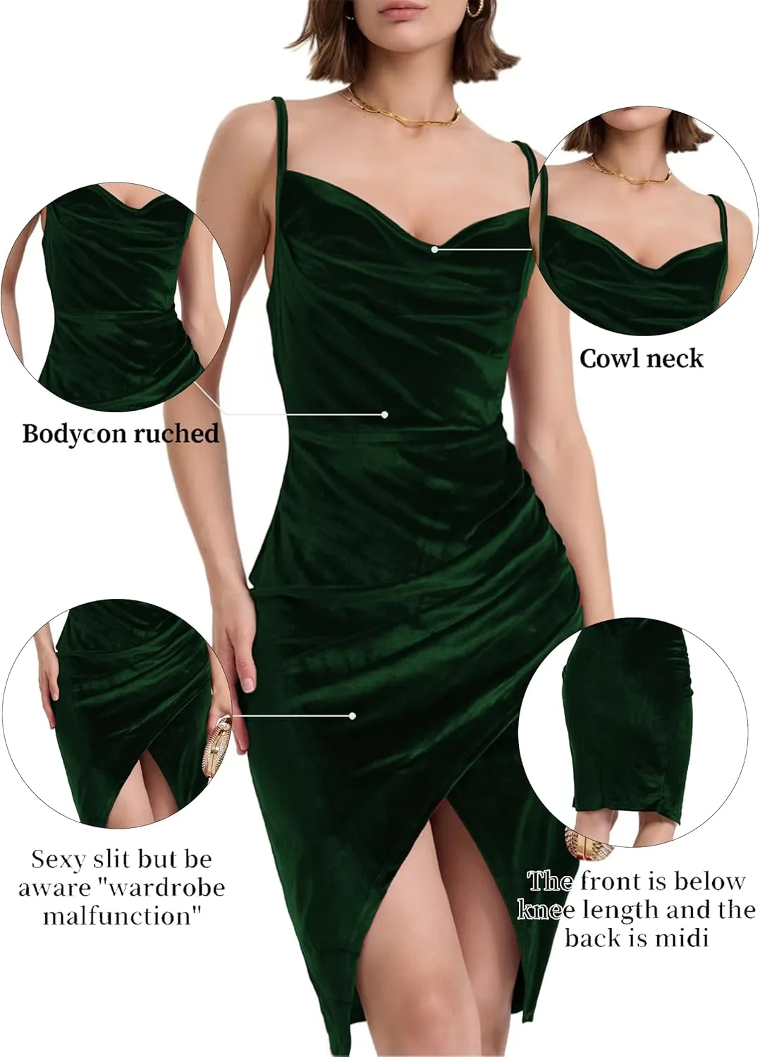 Spaghetti Strap Bodycon Ruched Wrap Velvet Dress Midi Christmas Cocktail Party Dress for Women