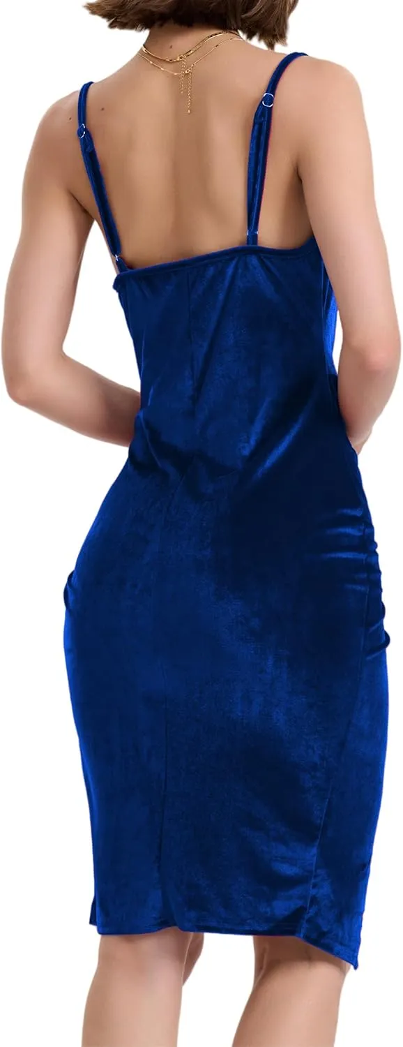 Spaghetti Strap Bodycon Ruched Wrap Velvet Dress Midi Christmas Cocktail Party Dress for Women