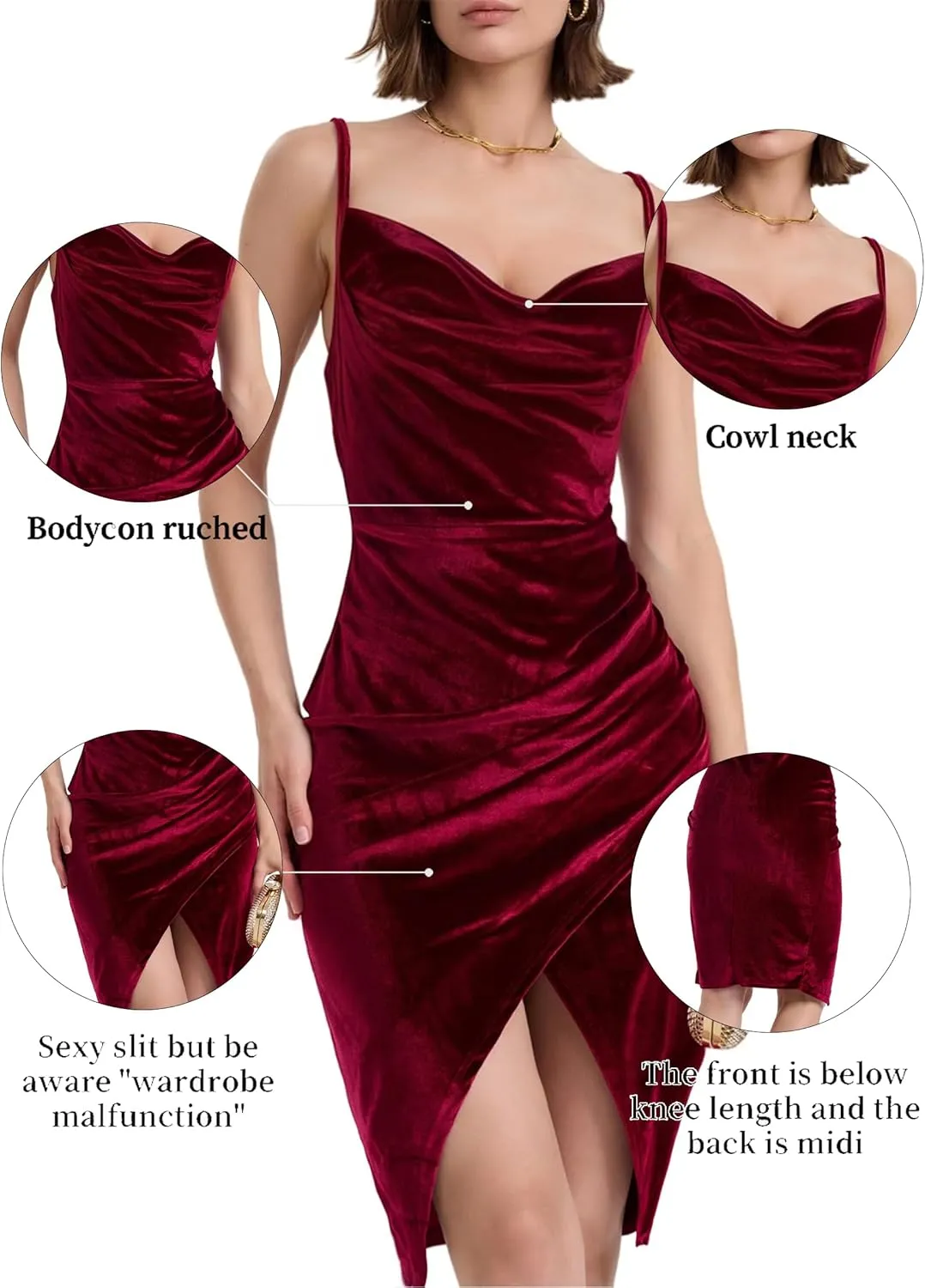Spaghetti Strap Bodycon Ruched Wrap Velvet Dress Midi Christmas Cocktail Party Dress for Women