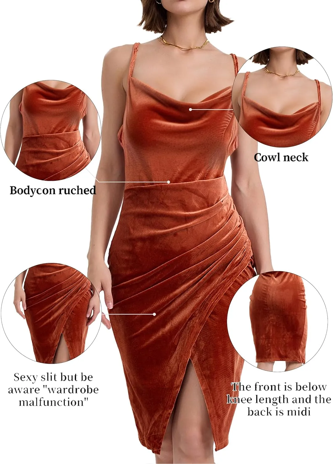 Spaghetti Strap Bodycon Ruched Wrap Velvet Dress Midi Christmas Cocktail Party Dress for Women