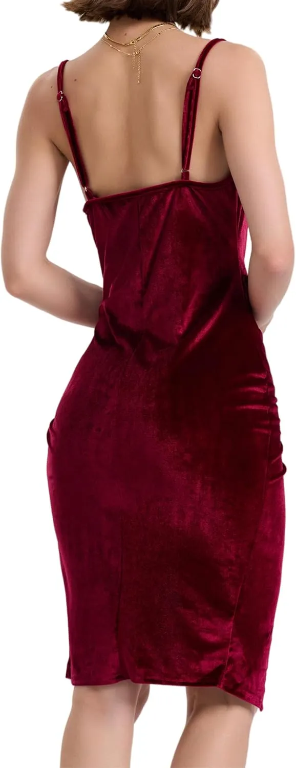 Spaghetti Strap Bodycon Ruched Wrap Velvet Dress Midi Christmas Cocktail Party Dress for Women