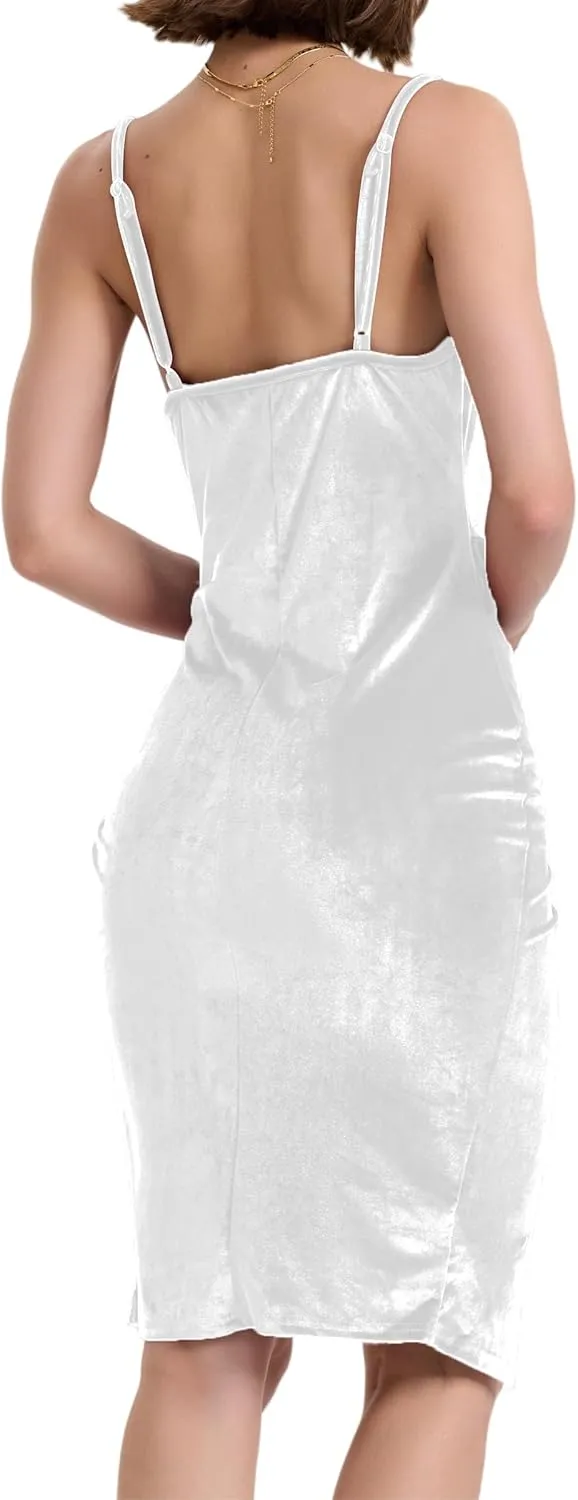 Spaghetti Strap Bodycon Ruched Wrap Velvet Dress Midi Christmas Cocktail Party Dress for Women