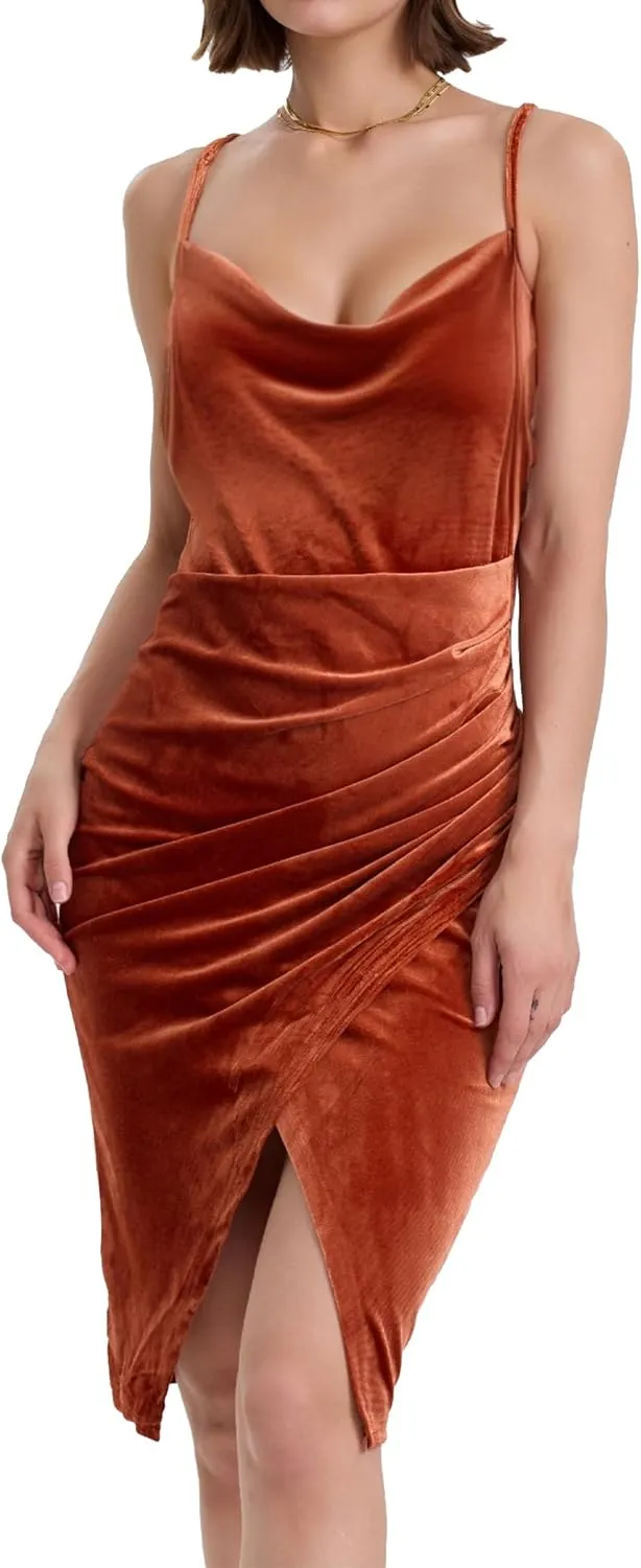 Spaghetti Strap Bodycon Ruched Wrap Velvet Dress Midi Christmas Cocktail Party Dress for Women