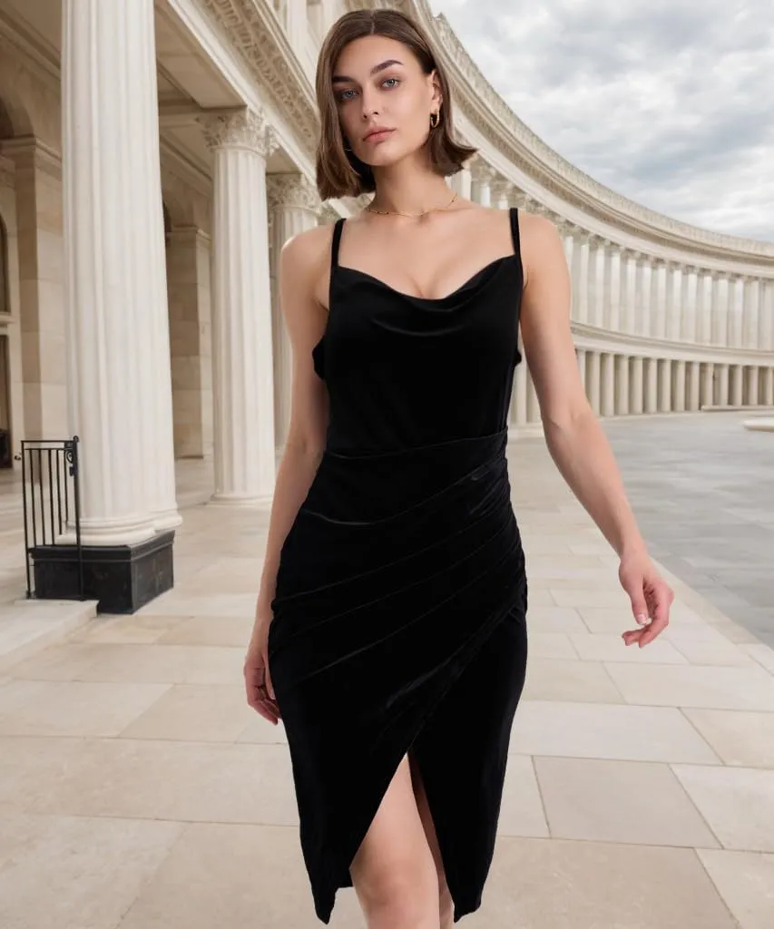 Spaghetti Strap Bodycon Ruched Wrap Velvet Dress Midi Christmas Cocktail Party Dress for Women