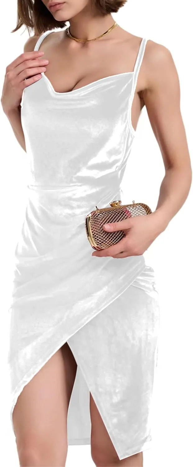 Spaghetti Strap Bodycon Ruched Wrap Velvet Dress Midi Christmas Cocktail Party Dress for Women