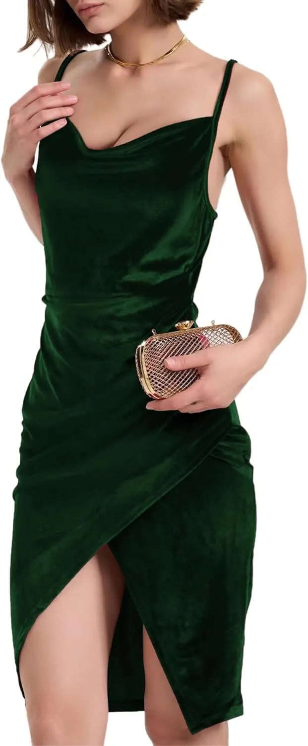 Spaghetti Strap Bodycon Ruched Wrap Velvet Dress Midi Christmas Cocktail Party Dress for Women