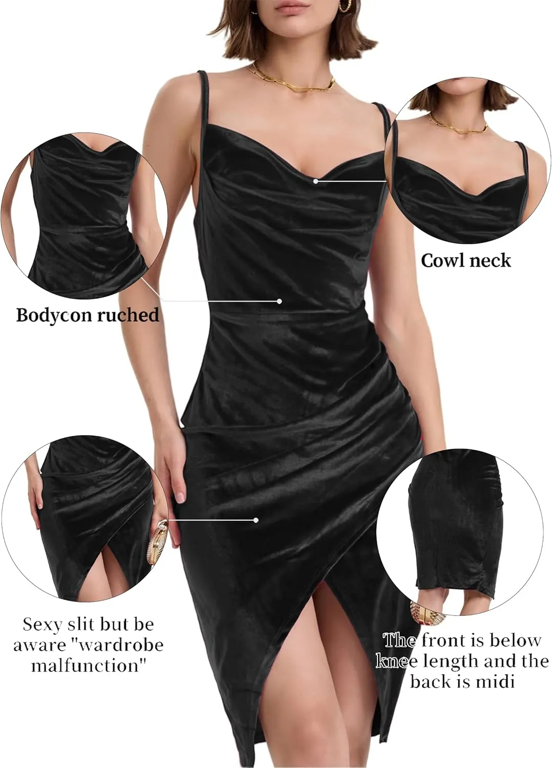 Spaghetti Strap Bodycon Ruched Wrap Velvet Dress Midi Christmas Cocktail Party Dress for Women
