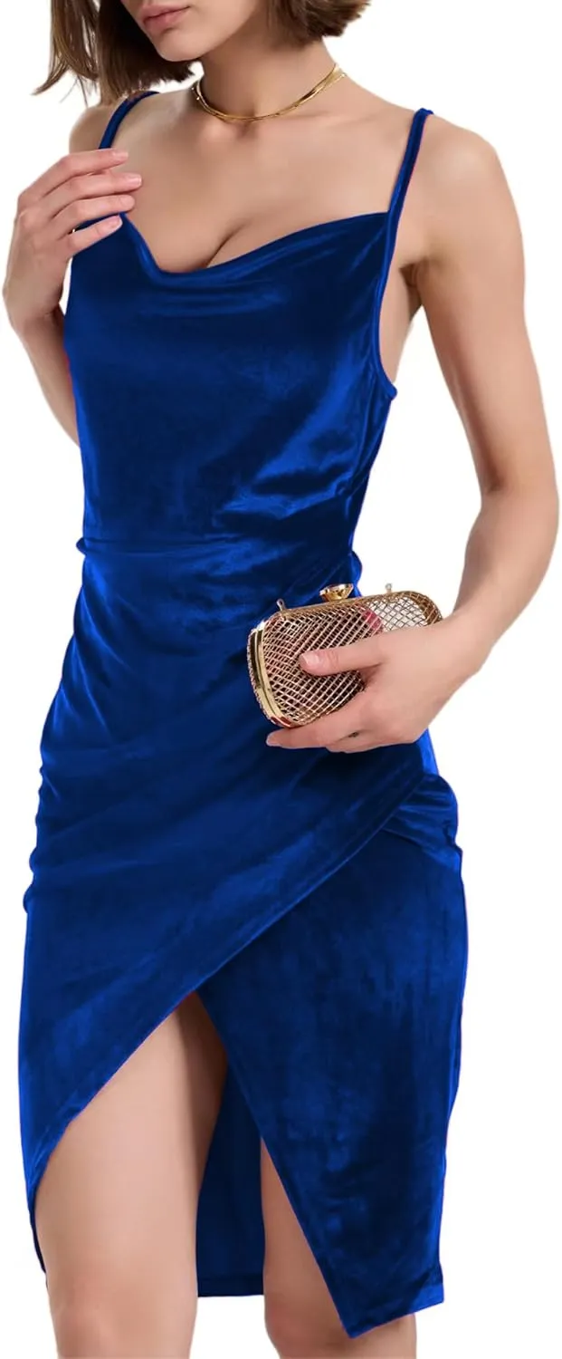Spaghetti Strap Bodycon Ruched Wrap Velvet Dress Midi Christmas Cocktail Party Dress for Women