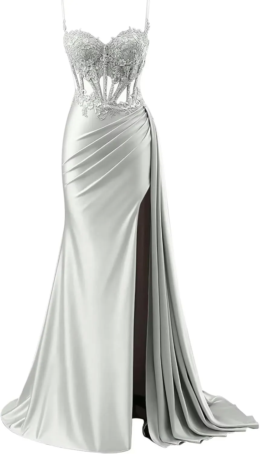 Spaghetti Strap Prom Dresses with Split 2025 Satin Ball Gowns for Women Formal Bodycon Mermaid Bridesmaid Dresses