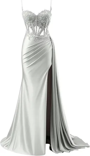 Spaghetti Strap Prom Dresses with Split 2025 Satin Ball Gowns for Women Formal Bodycon Mermaid Bridesmaid Dresses