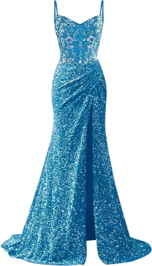 Sparkly Sequin Prom Dresses 2025 Long Mermaid Lace Applique Evening Dress Spaghetti Straps Pleated Formal Gown with Slit