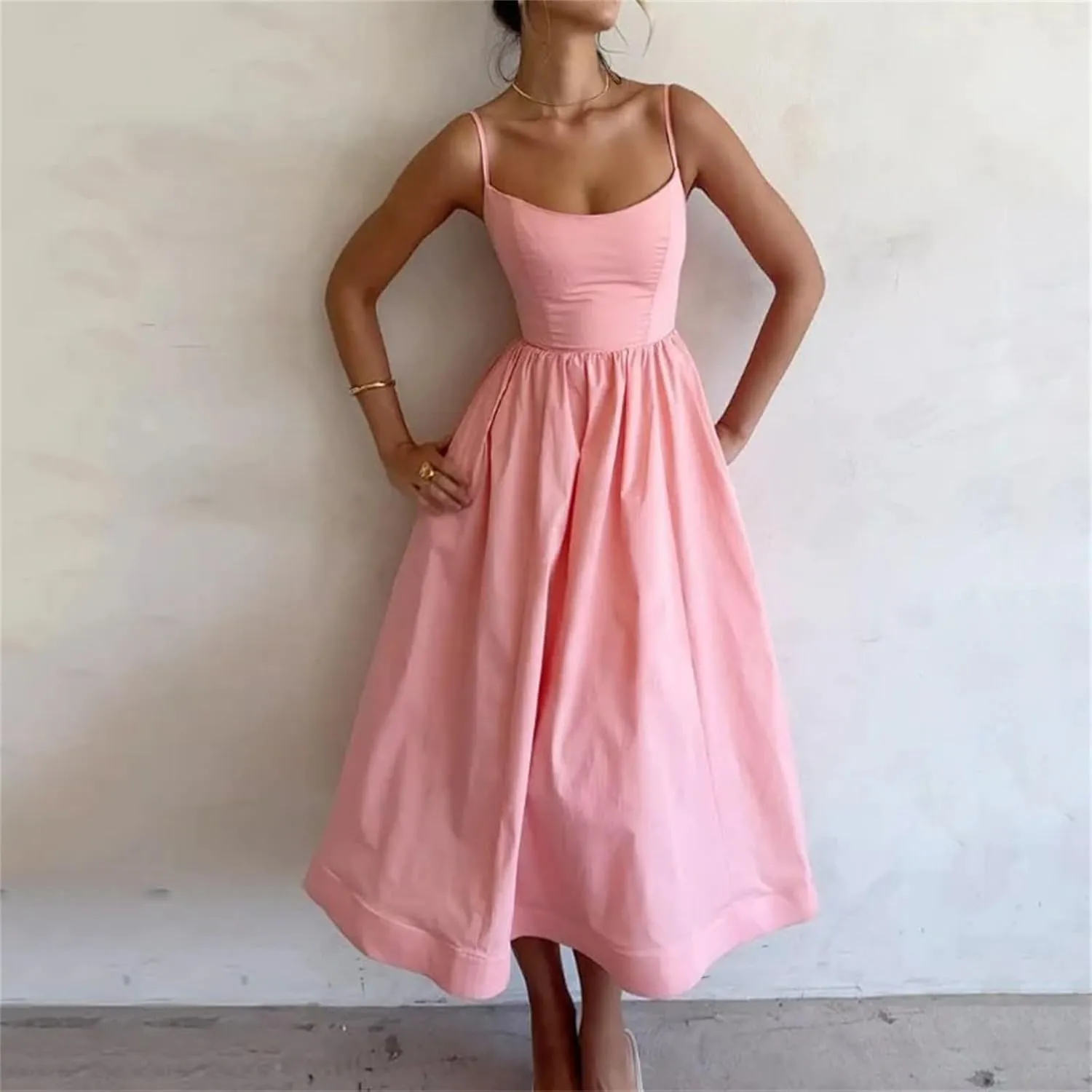 Summer Dress Casual Women Spaghetti Strap Sexy Low-Cut Sleeveless Maxi Dresses Waist Pleated Aline Flowy Swing Dress