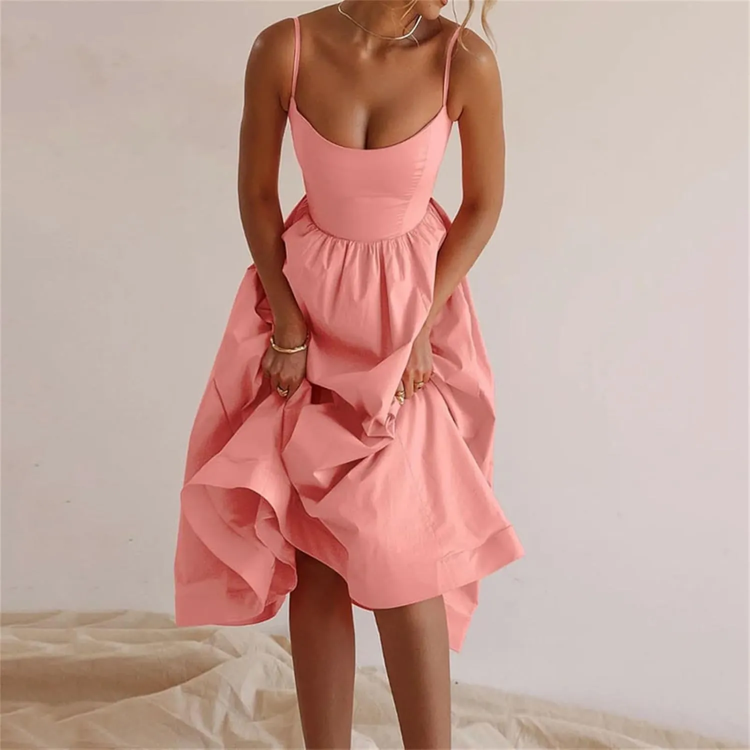Summer Dress Casual Women Spaghetti Strap Sexy Low-Cut Sleeveless Maxi Dresses Waist Pleated Aline Flowy Swing Dress