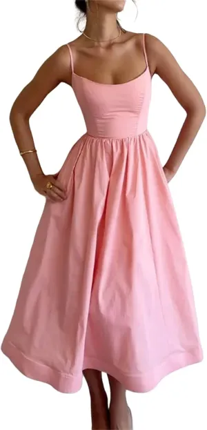 Summer Dress Casual Women Spaghetti Strap Sexy Low-Cut Sleeveless Maxi Dresses Waist Pleated Aline Flowy Swing Dress