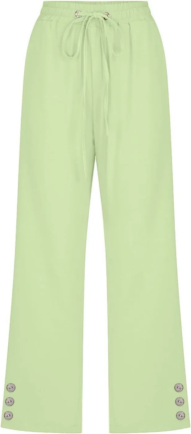 Sunward Capri Linen Pants for Women Wide Leg Casual Cotton Pant Loose Drawstrings High Waist Lounge Trousers with Pocket
