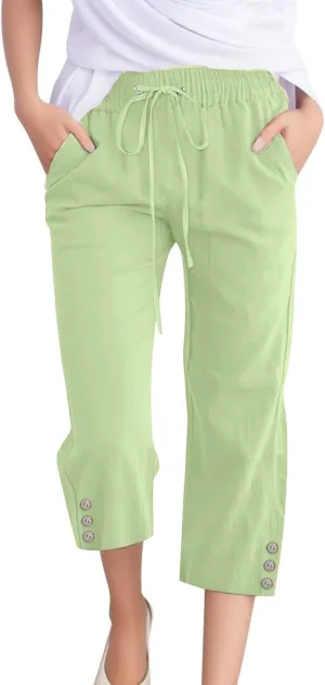 Sunward Capri Linen Pants for Women Wide Leg Casual Cotton Pant Loose Drawstrings High Waist Lounge Trousers with Pocket