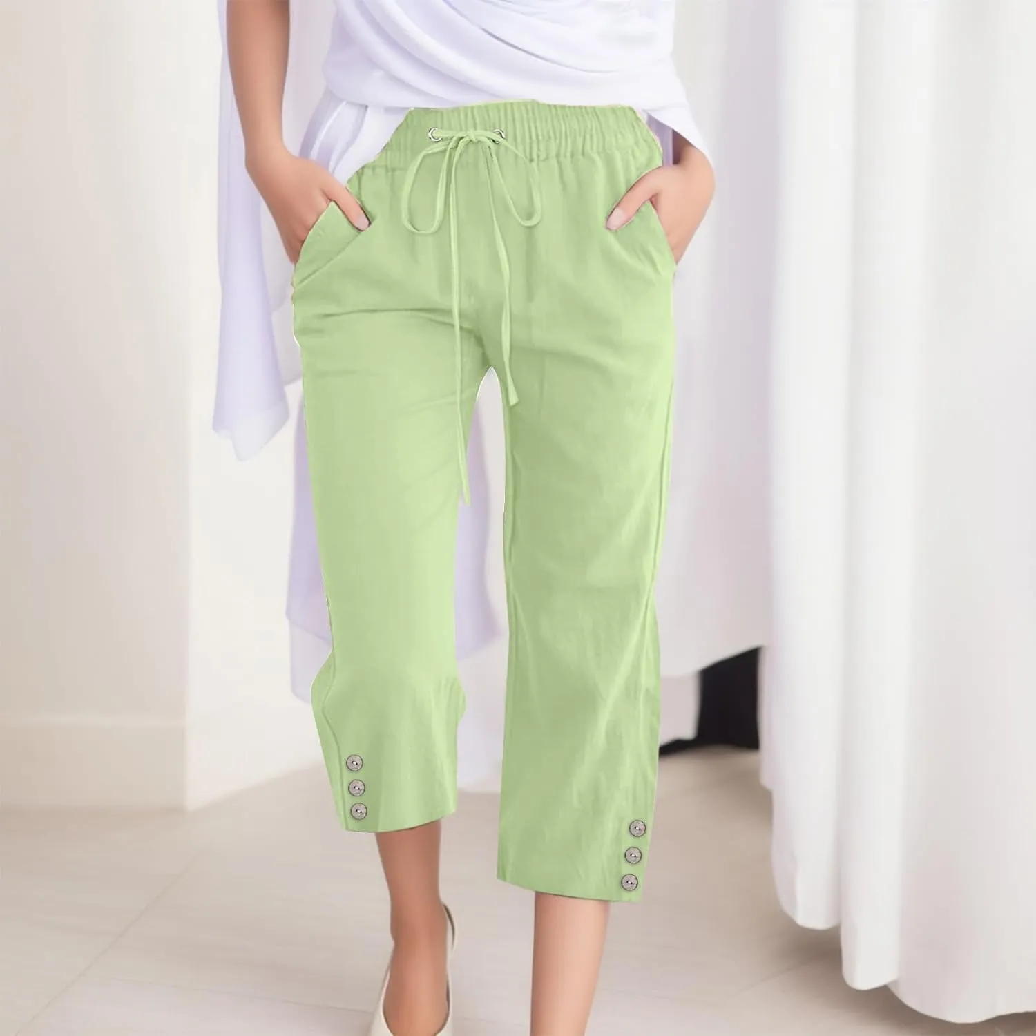 Sunward Capri Linen Pants for Women Wide Leg Casual Cotton Pant Loose Drawstrings High Waist Lounge Trousers with Pocket